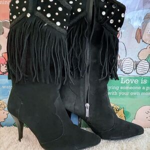 Black Leather Fringe Women's Boots